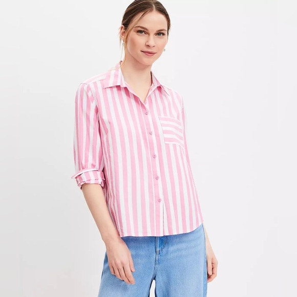 LOFT NWT women’s Casual Pink and White Striped Shirt - Picture 8 of 9